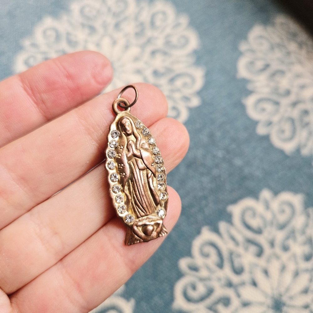 Vintage Bronze Virgin Mary Rhinestone Medal Medallion Pendant
